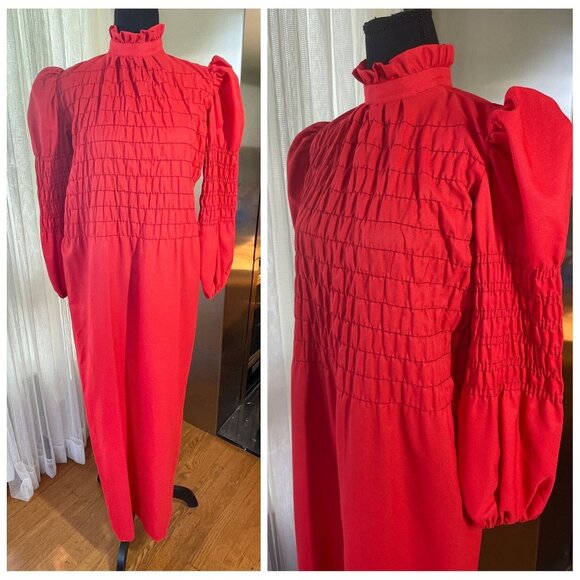 Vintage 70s red dress, smocked bodice with long sleeves, ankle length, 10/12 (L) - Picture 2 of 8